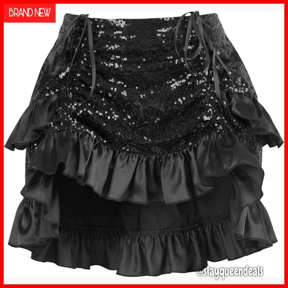 Sequin Ruched Bustle Mini Skirt, Elastic Waist, Adjustable Length, Polyester